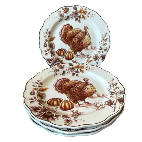 THANKSGIVING FALL PLYMOUTH TURKEY Dinner Plates 11in Set 4 Ceramic MAXCERA New - Picture 1 of 14